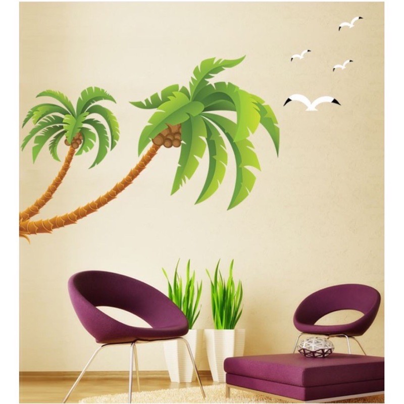 Decal dán tường - 2 Cây Dừa Nghiêng hạt trắng size lớn (2 tấm )
