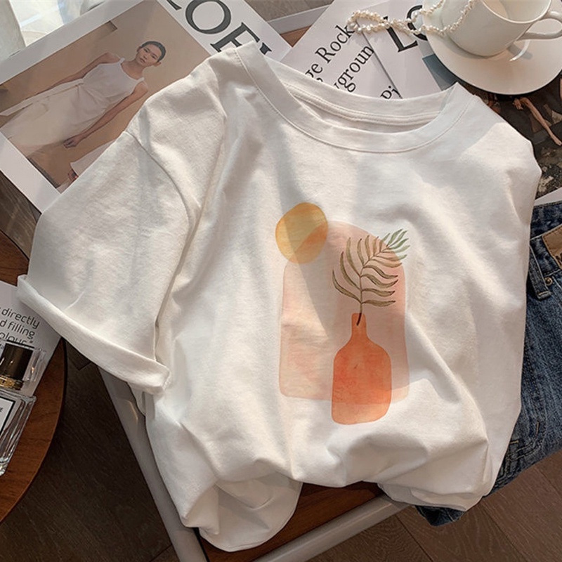 Áo thun HIIXIIVI 100% cotton tay ngắn cổ tròn in hình thời trang mùa hè phong cách Hàn Quốc cho nữ 2022