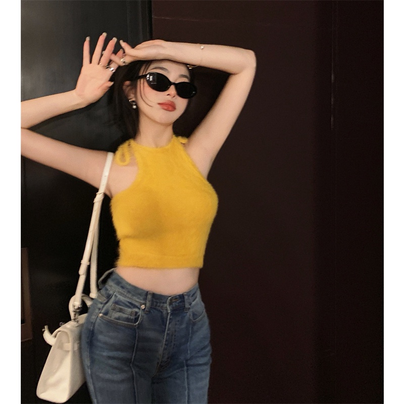 Áo Hai Dây Dáng Ngắn Phối Lông Quyến Rũ Cho Nữ