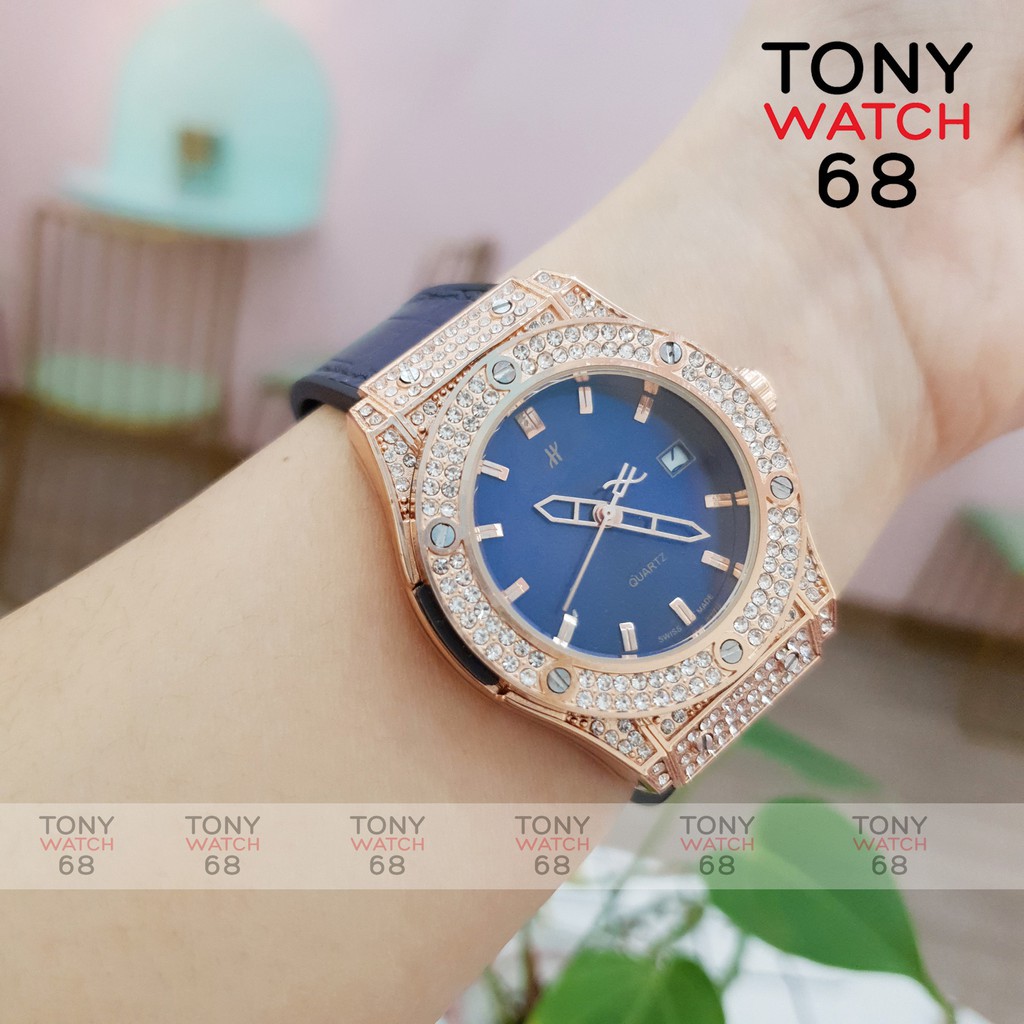 Đồng hồ nữ HULO mặt xanh dây cao su giả da mặt đính đá pha lê chống nước chính hãng Tony Watch 68 -Hàng nhập khẩu