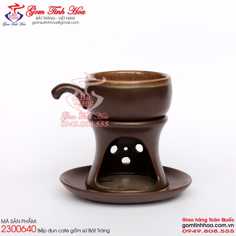 Bếp đun cafe gốm sứ men nâu dáng bếp chân cao cốc quai lỡ kèm đĩa sứ
