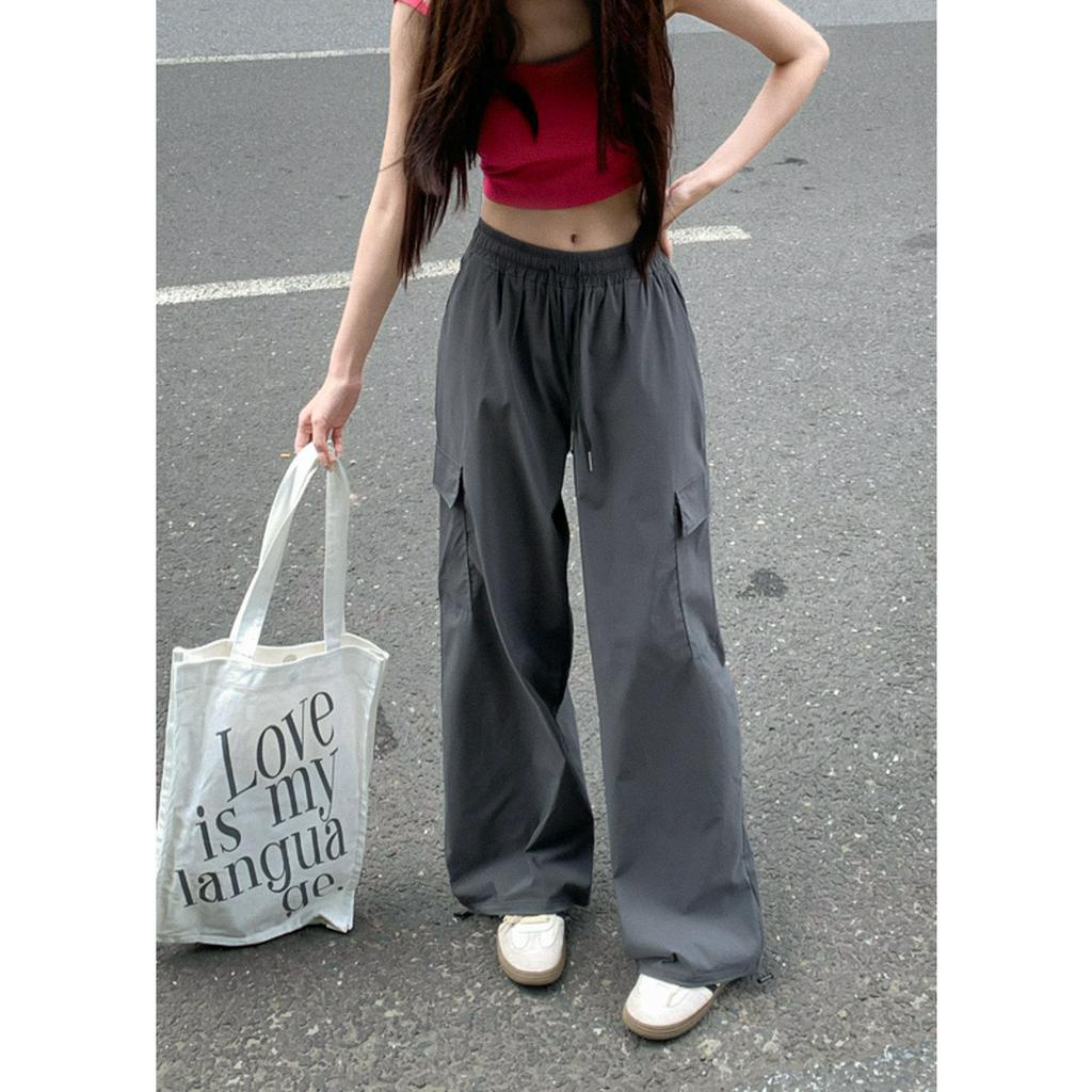 Xiaozhainv Quần Dài Lưng Cao Ống Rộng Phối Dây Rút Phong Cách retro Mỹ Cho Nữ