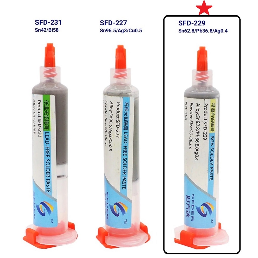 Kem thiếc hàn dán linh kiện SFD-229 Sn62.8/Pb36.8/Ag0.4 có chì, dễ hàn, điểm nóng cháy 183 độ C