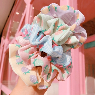 Dây buộc tóc vải Chiffon họa tiết dâu tây đáng yêu