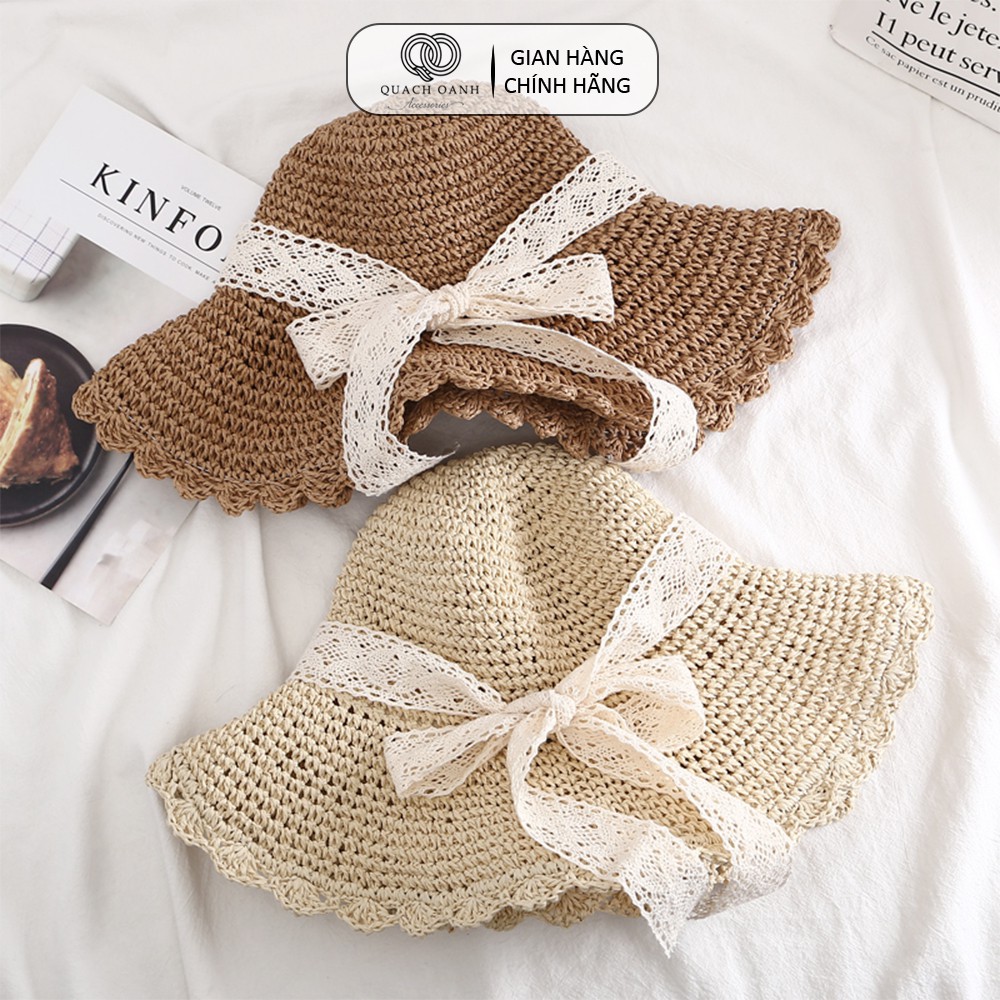Mũ nón cói QO ACCESSORIES vành rộng lượn sóng dây nơ ren cho mẹ và bé đi biển mùa hè MU39