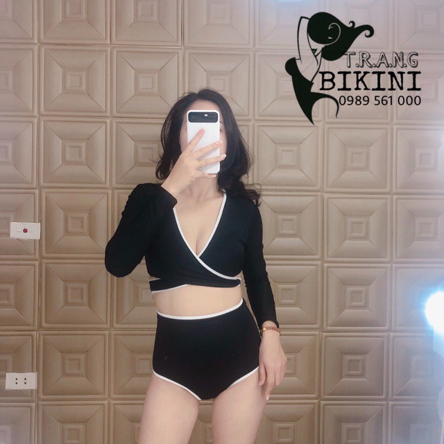 (HOT) Bikini dài tay 2 vạt chéo bụng quần cạp cao đen viền trắng (CÓ VIDEO KÈM ẢNH FEEDBACK KHÁCH)