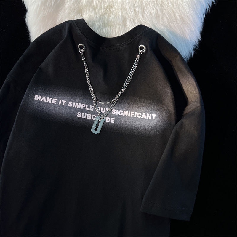 Áo Thun Cotton Ngắn Tay Dáng Rộng In Chữ Phối Dây Xích Kiểu Đường Phố Âu Mỹ Cá Tính Cho Nam Và Nữ