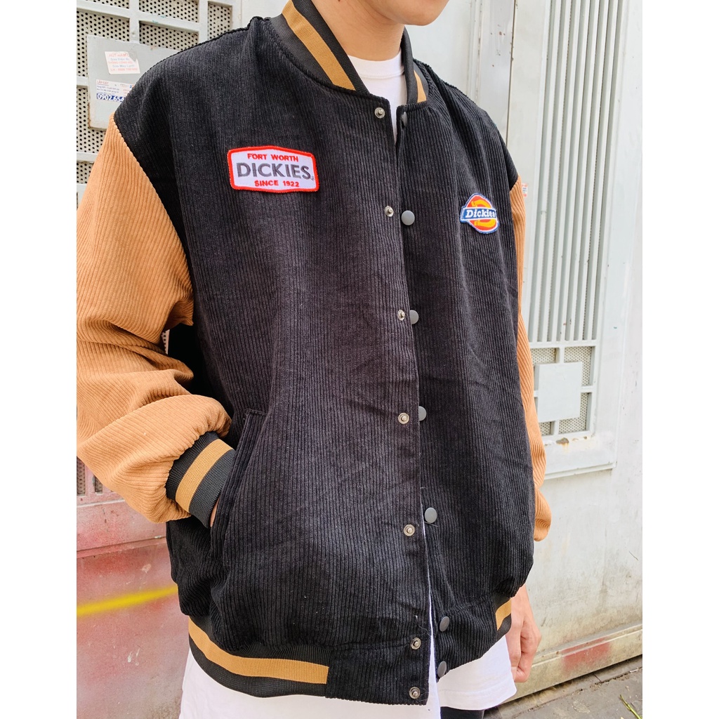 Áo Khoác Bomber Jacket Varsity Dickies Đen nâu - Form rộng oversize - Chất liệu nhung tăm cao cấp.
