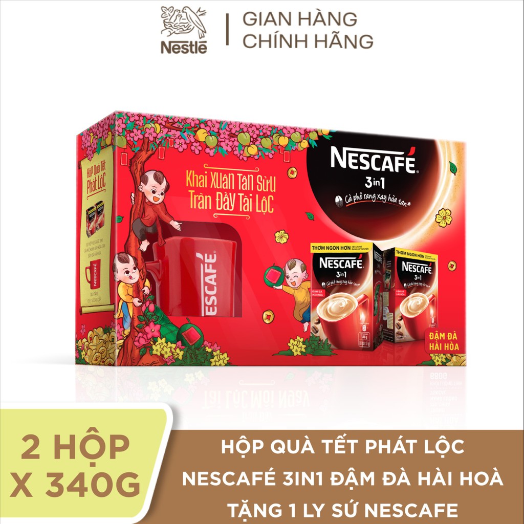 Hộp quà Tết Phát Lộc: NESCAFÉ 3in1 Cà phê hòa tan Đậm đà hài hòa Với Ly Sứ Nescafe