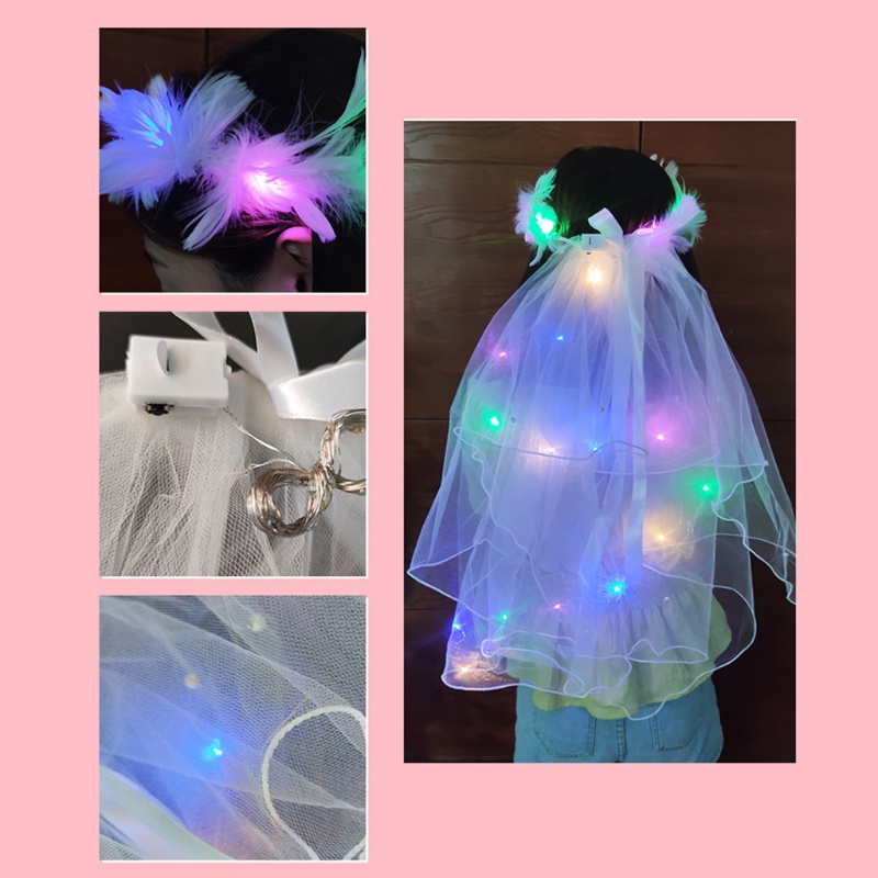 Mạng Che Mặt Phối Ren Và Lông Vũ Có Đèn LED Đẹp Mắt Cho Nữ