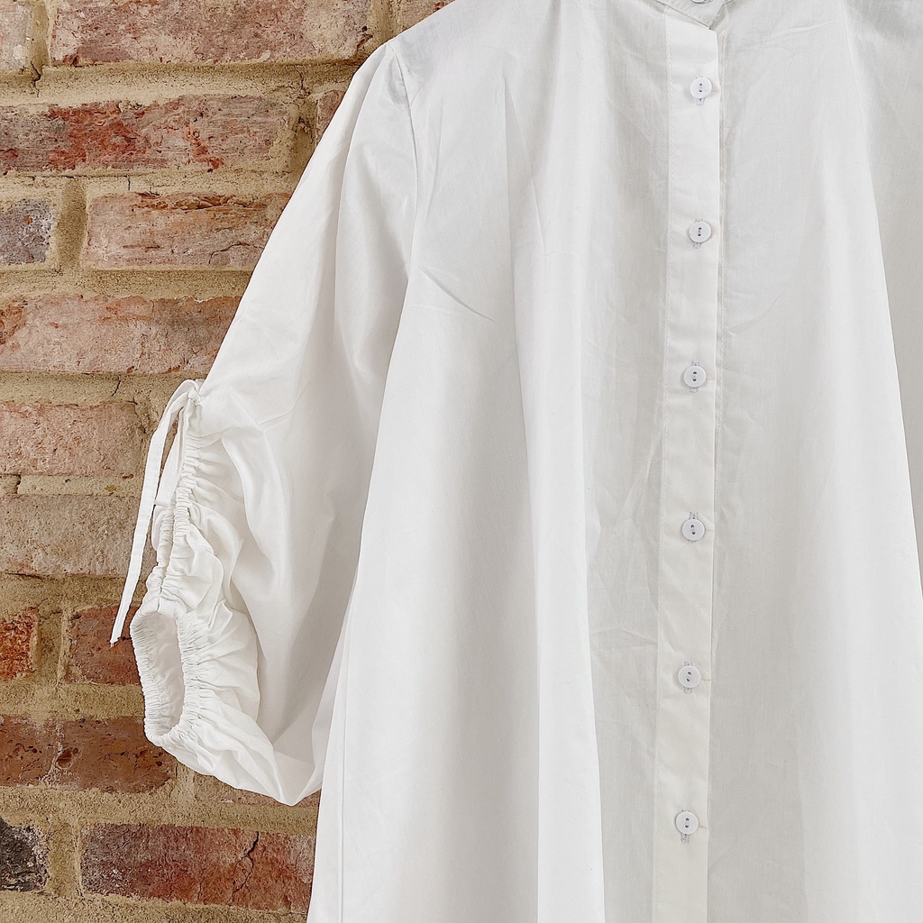 ÁO SƠMI KIỂU FORM SUÔNG CỘT NƠ TAY ÁO HAI MÀU TRẮNG ĐEN - BOW SHIRT