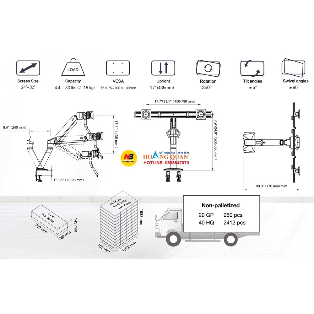 Giá Treo Màn Hình Máy Tính Kẹp Bàn 2 Màn Hình - NB32 -  - Hàng Chính Hãng - Model 2021