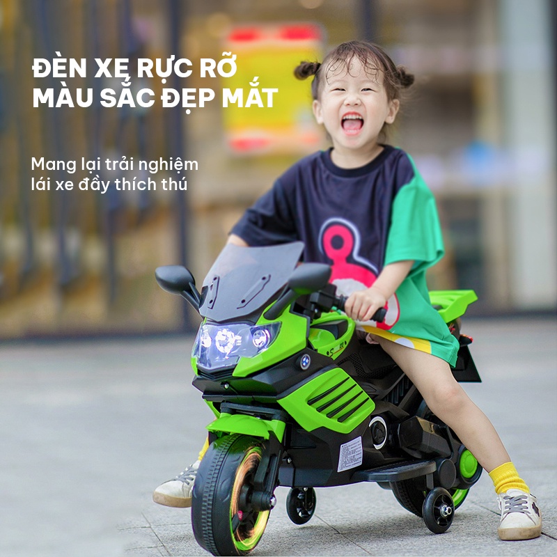 Xe mô tô điện trẻ em có 2 bánh hỗ trợ chống ngã giữ thăng bằng lốp xe chống trượt bám đường tốt có đèn LED và âm nhạc