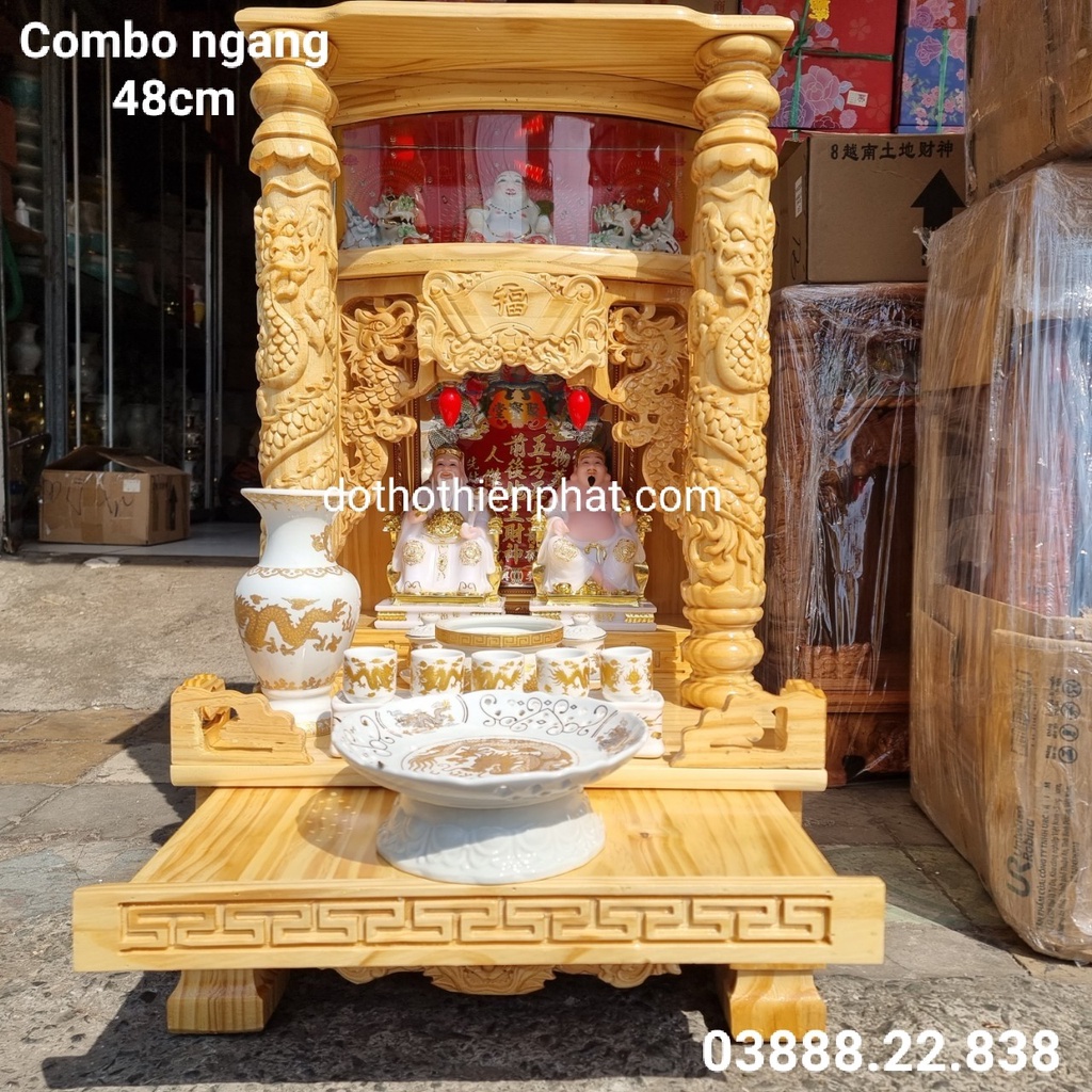 Combo bộ bàn thờ thần tài ông địa gỗ thông màu nguyên gỗ ngang 48cm điện tử mẫu mới