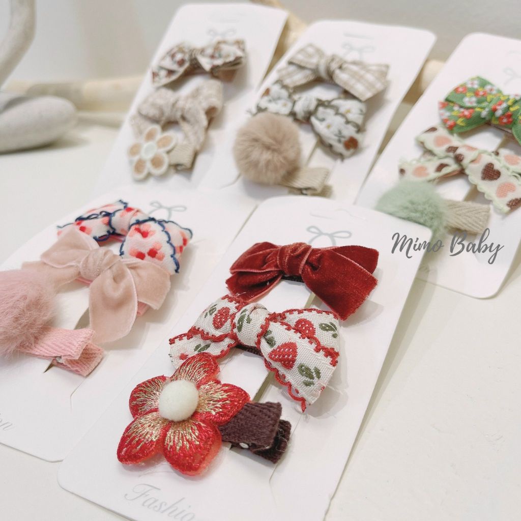 Set 3 kẹp tóc họa tiết nơ, hoa xinh xắn cho bé gái KT25 Mimo Baby
