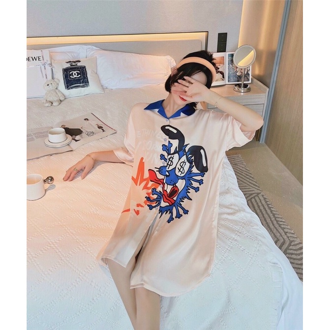 Váy ngủ sơ mi lụa tay lỡ cao cấp quảng châu 12