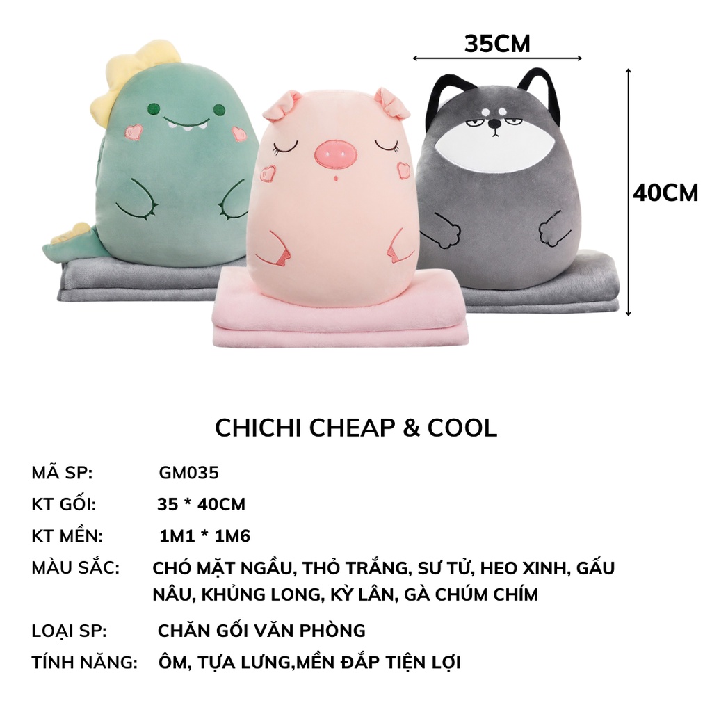 Bộ chăn gối văn phòng 3 trong 1 hình thú cute gấu bông có mền bên trong ChiChi GM035