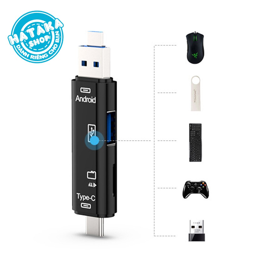 Đầu đọc thẻ nhớ đa năng dành cho điện thoại, máy tính, 3 cổng kết nối USB, MicroUSB, TYPE-C, 2 cổng dữ liệu USB, TF