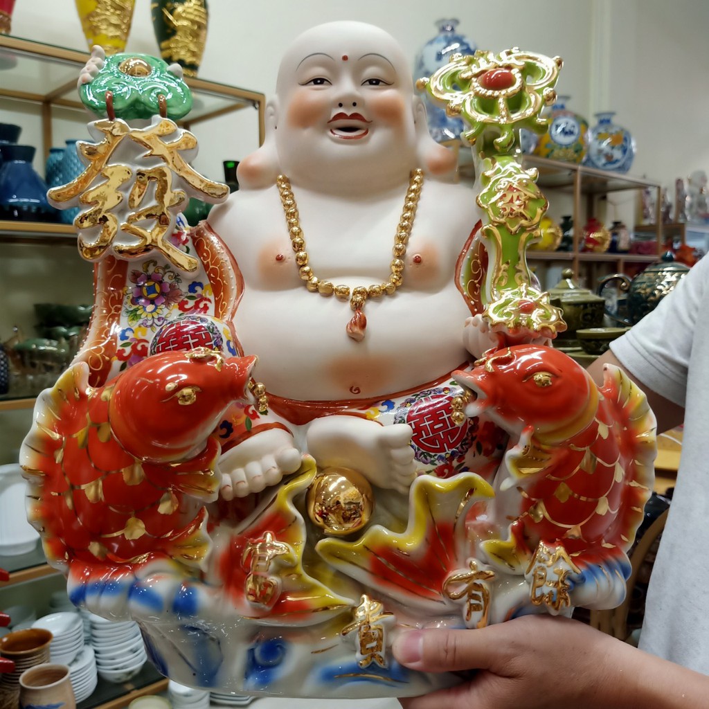 Phật Di Lạc - Tượng Phật Di Lạc Hai Cá Áo Gấm Vẽ Vàng Cao Cấp