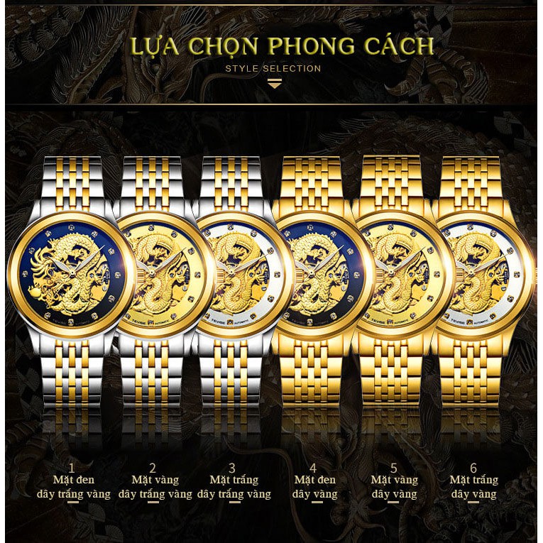 Đồng Hồ Cơ Nam Auto tivise Dây Thép Đúc Đặc Chạy Tự Động Mặt Rồng Vàng Quyền Năng Cực Sang Và Đẳng Cấp