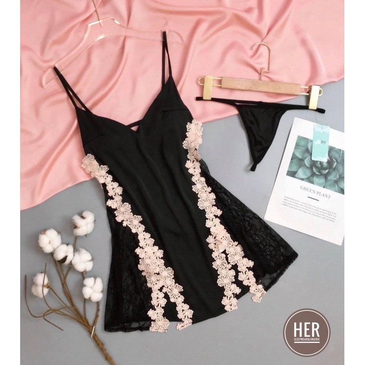 Váy ngủ hai dây lụa satin sexy cao cấp -  Đầm mặc nhà gợi cảm quyến rũ xẻ hông phối họa tiết ren - Her Sleepwear