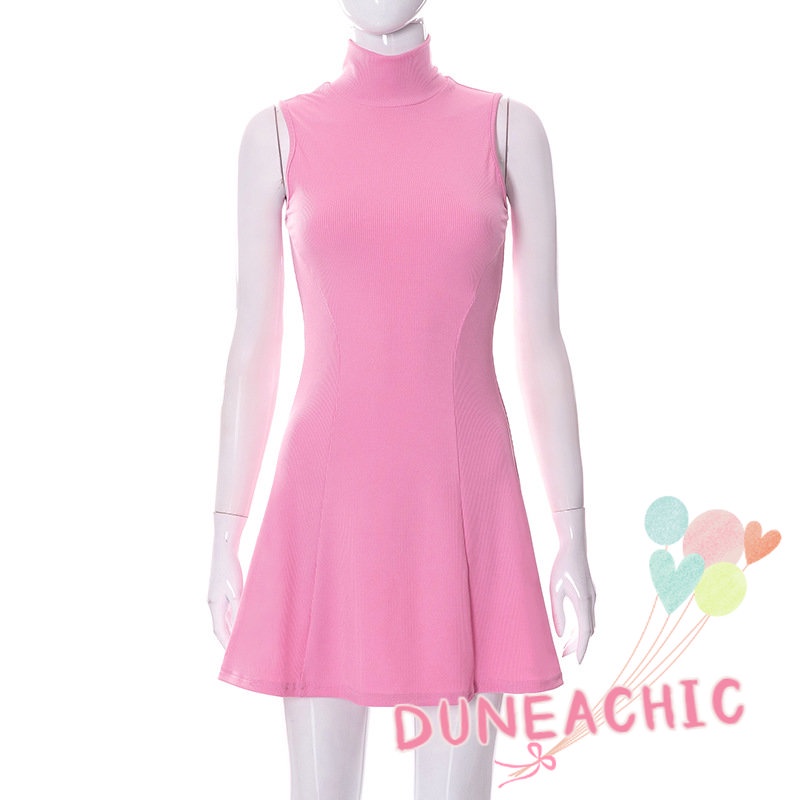 Đầm Sát Nách Cổ Cao Xếp Ly Màu Trơn Phong Cách Đường Phố Cho Nữ