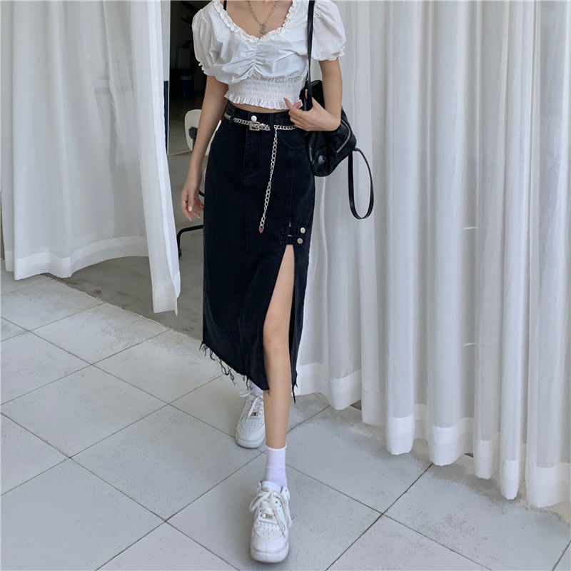 Chân váy IELGY denim lưng cao xẻ tà có size lớn thời trang cho nữ