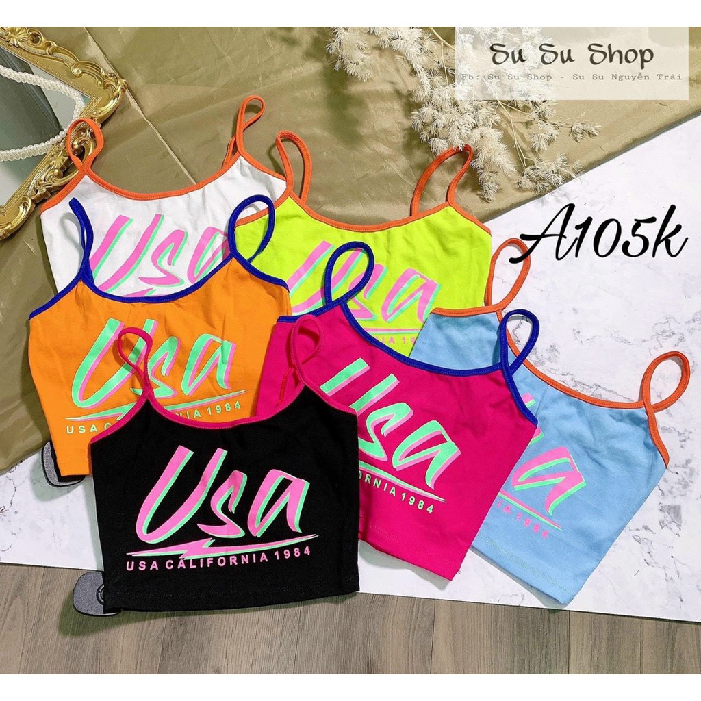 áo croptop viền màu in chữ usa xinh mùa hè mặc thoải mái