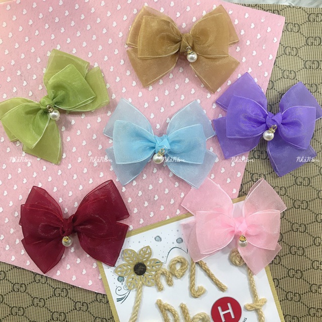 KẸP TÓC NƠ RUY BĂNG VOAN NÚT THẮT ĐÍNH HẠT P2 - [Nhà Nấm handmade]