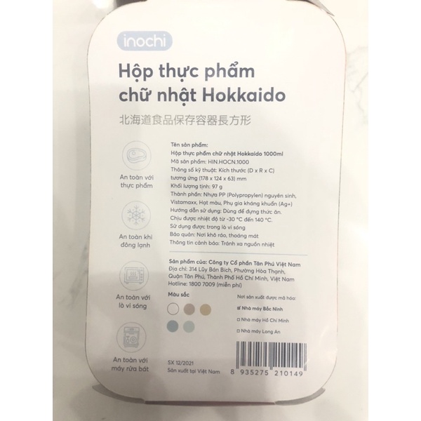 Bộ 2 Hộp thực phẩm chữ nhật Inochi-Hokkaido 1000ml + 750ml Thân Trắng trong+ Nắp Hồng