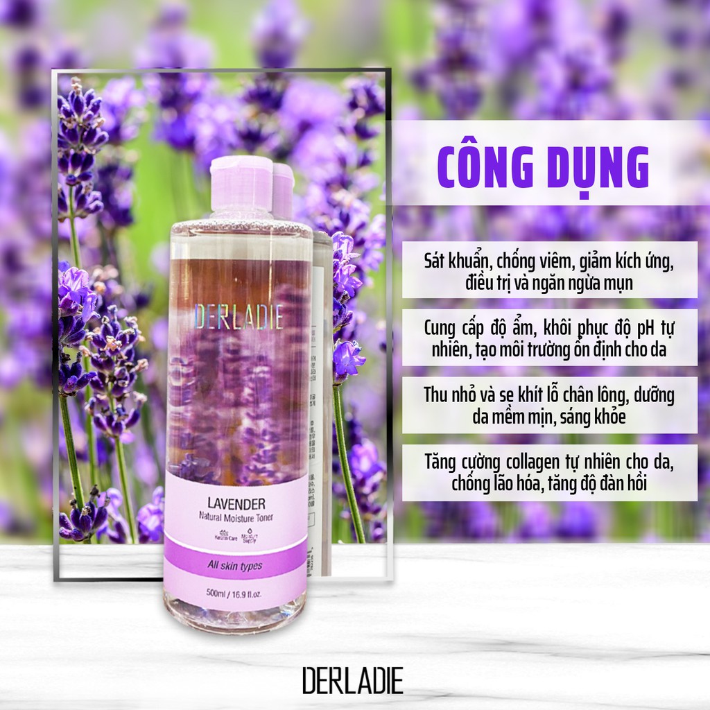 Nước Hoa Hồng Hỗ Trợ Giảm Mụn Chiết Xuất Hoa Lavender Derladie Lavender Natural Moisture Toner 500ml