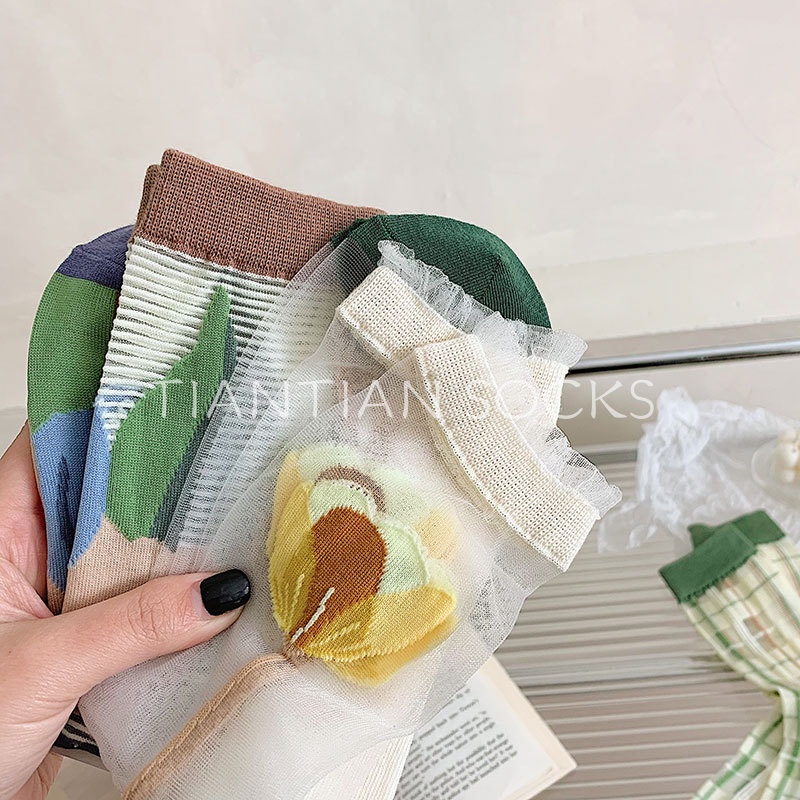 TIAN TIAN T181 Vớ Lưới Xuyên Thấu Bằng Lụa Xuyên Thấu Họa Tiết Hoa Phong Cách Nhật Bản Dễ Thương Thời Trang Xuân Hè Cho Nữ Dễ Phối Đồ