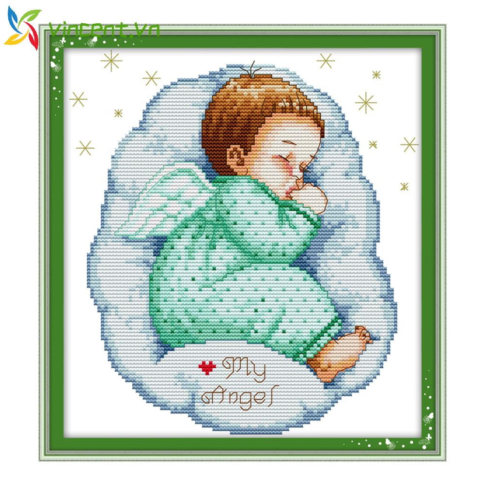 Tranh thêu chữ thập 2 dây hình em bé đang ngủ VINCENT 14CT
