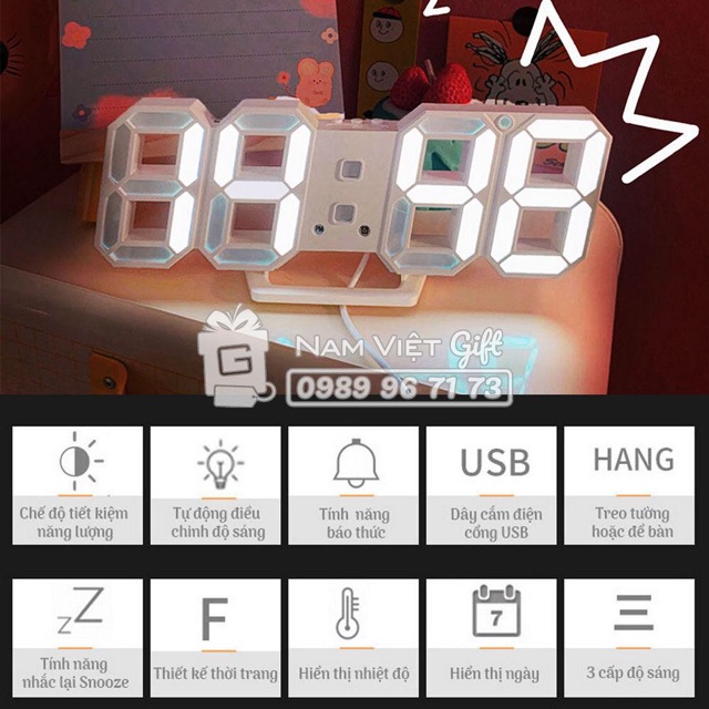 [Hot Trend HQ] Đồng Hồ Treo Tường LED 3D Đa Chức Năng Phong Cách Tối Giản Kiểu Hàn