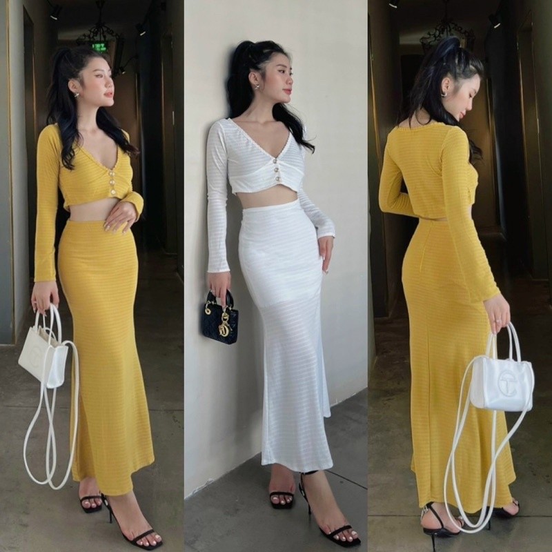 Set ren trắng vàng áo croptop tay dài cổ V + chân váy loe sang trọng quyến rũ, đầm dài đi chơi/biển du lịch kín đáo