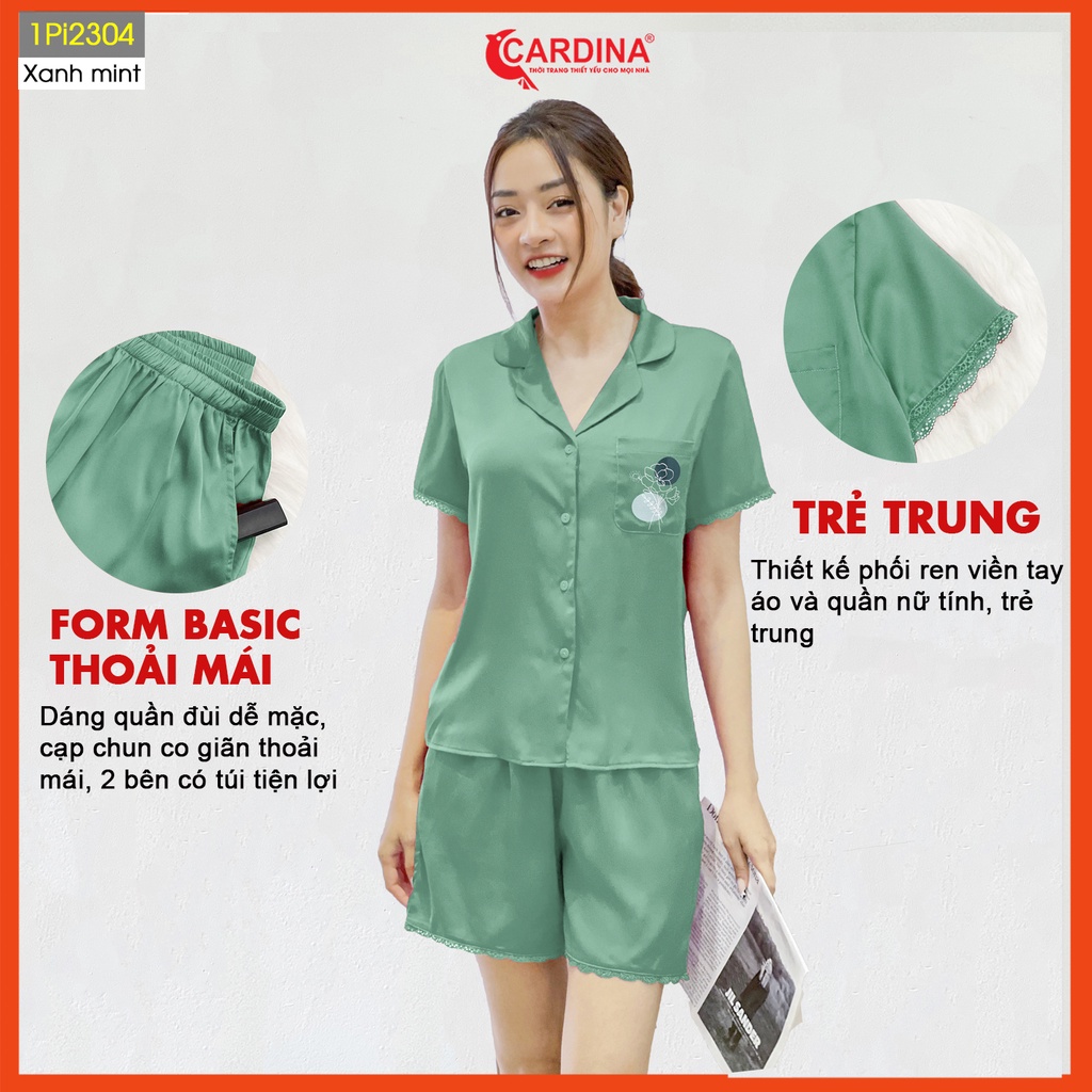 Đồ bộ pijama nữ CARDINA chất lụa satin Nhật cao cấp áo cộc tay quần đùi viền ren mềm mại thoáng mát 1Pi23