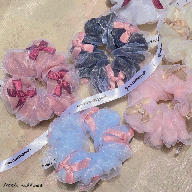 Đồ buộc tóc scrunchies thêu nơ voan 2 lớp