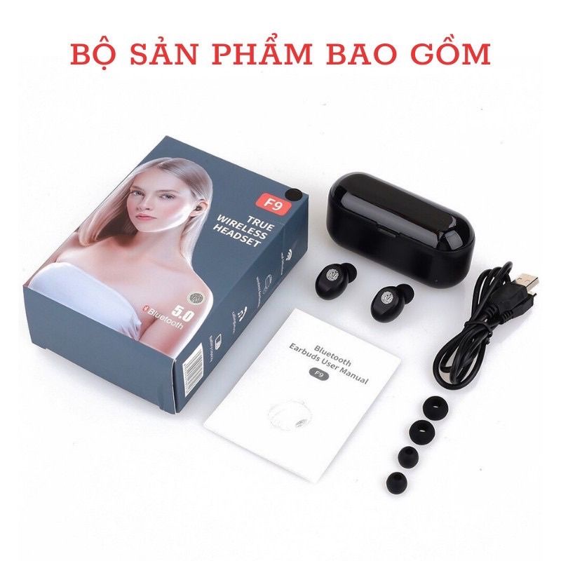 Tai nghe bluetooth F9 TWS 5.0 bản Quốc tế không dây cảm ứng chống nước IPX5, chống ồn tích hợp sạc dự phòng 2500mAh
