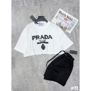 Set áo phông quần thô prada đính đá hạt lựu