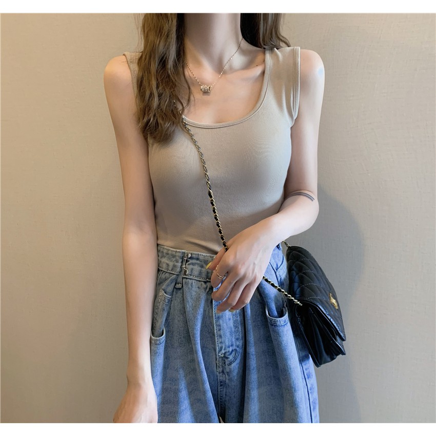 Áo croptop Xiaozhainv hai dây cổ chữ U màu trơn phong cách Hàn Quốc