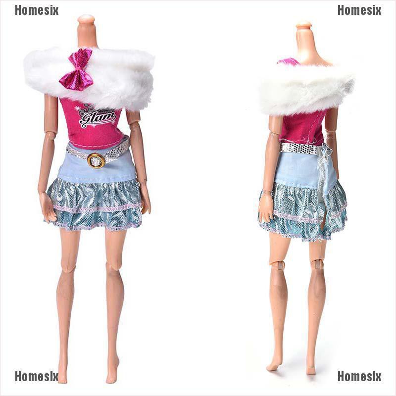 [HoMSI] 3 Pcs/Set White Fur Collar Skirt Suit for Barbie Dolls Pink Vest Fashion Clothes SUU