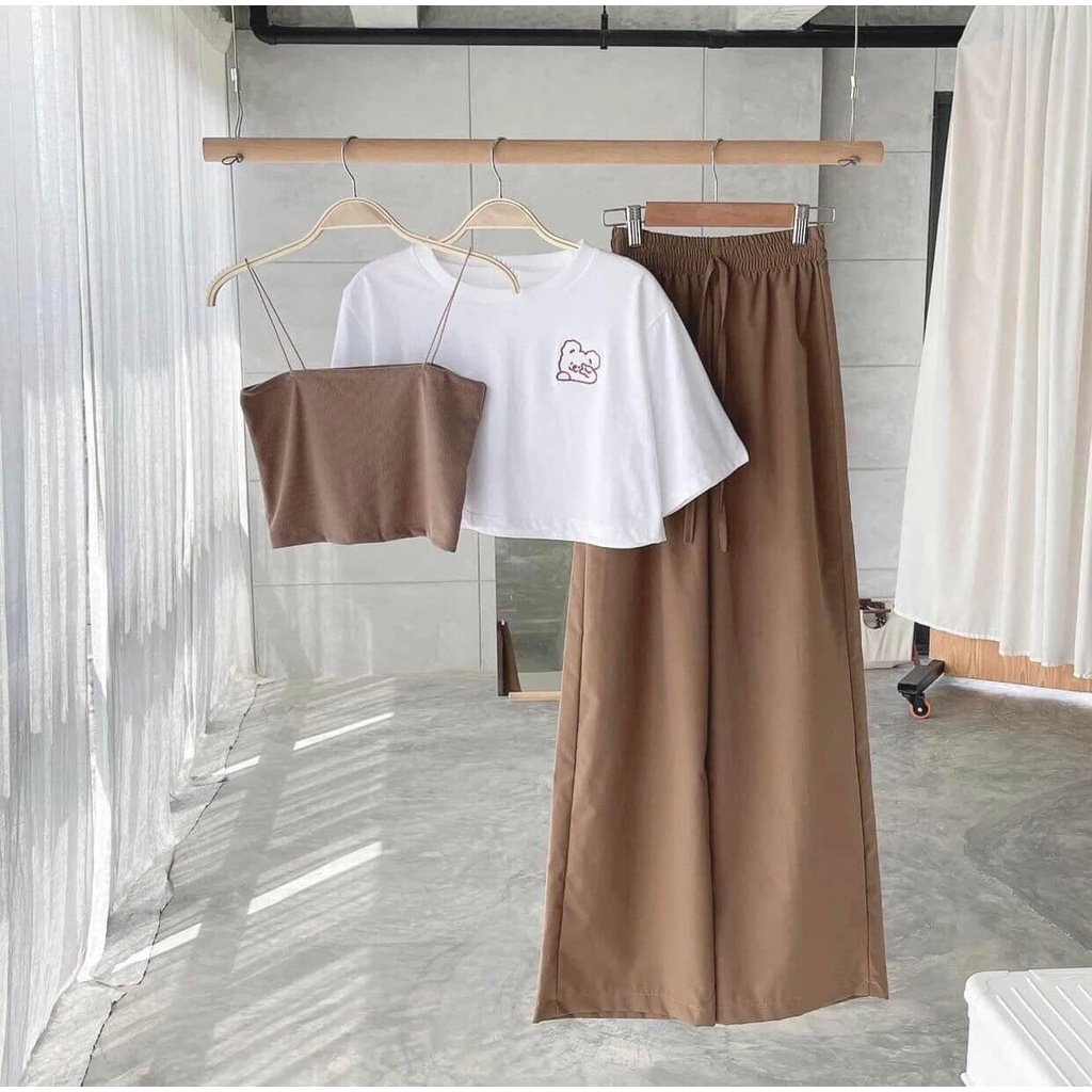 Set đồ quần ống rộng dáng suông nữ, áo phông croptop và áo thun hai dây chất liệu cotton thun thoáng mát thời trang