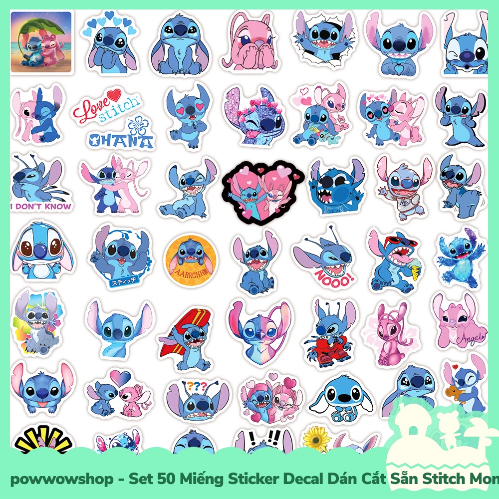 [Sẵn VN - Hỏa Tốc] Set 50 Miếng Sticker Decal Cắt Sẵn DIY Dán Trang Trí Vật Dụng Mẫu Stitch Monster Lovely Pink Blue