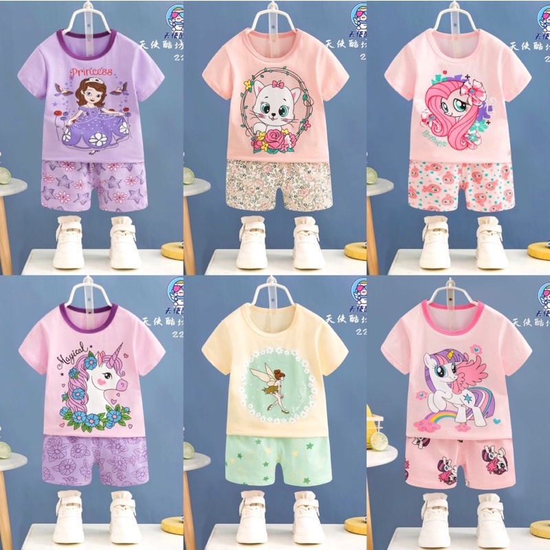 Bộ Cộc Tay Bé Gái Quảng Châu Cao Cấp 1 - 3 tuổi Tianshi Cotton Đồ Bộ Bé Gái In Hình Công Chúa Elsa