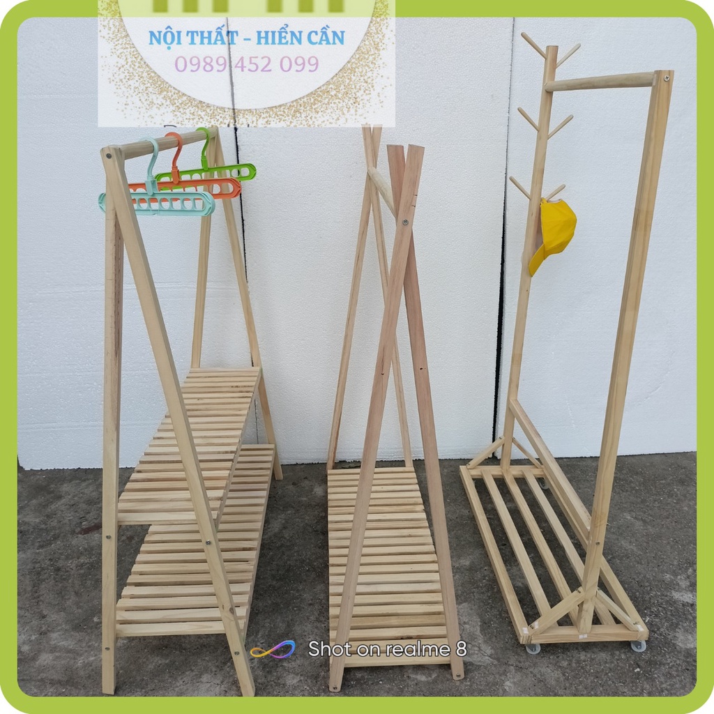 Kệ gỗ đa năng để giày dép và treo quần áo hình chữ A gỗ tự nhiên