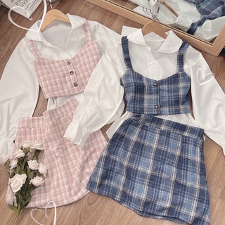 Set áo sơmi trắng tay dài + chân váy kẻ caro + yếm ngắn