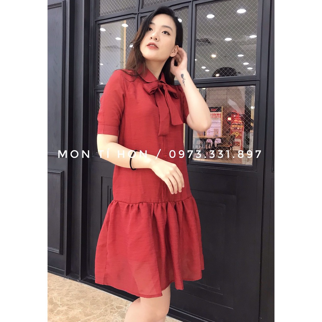 Váy Bầu suông | Đầm bầu thiết kế Dáng đuôi cá nơ cổ vải Tơ - Size M/L/XL