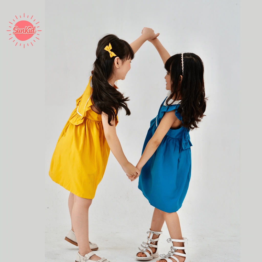 Váy đầm bé gái dáng suông cổ sơ mi trắng vải trượt nhật cao cấp mùa hè Sunkid SN12 màu xanh, vàng  4-12 tuổi