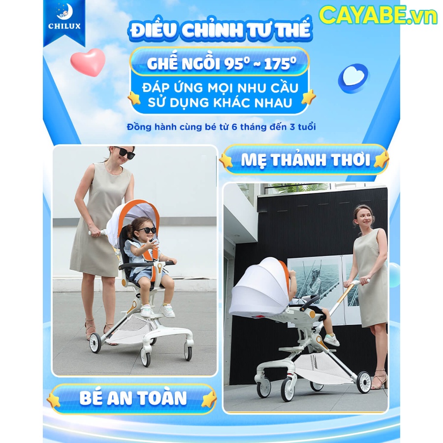Xe đẩy cho bé gấp gọn du lịch CHILUX M06 gọn nhẹ, đảo 2 chiều, xoay 360, có khóa bánh xe màu Trắng/ Đen/ Cam