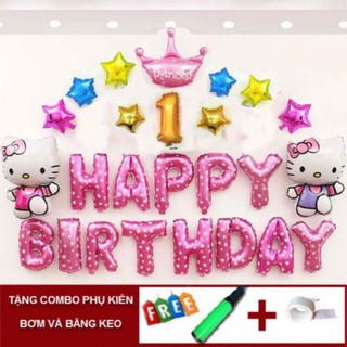Set bóng trang trí sinh nhật hello kitty - Tặng kèm bơm và keo dán